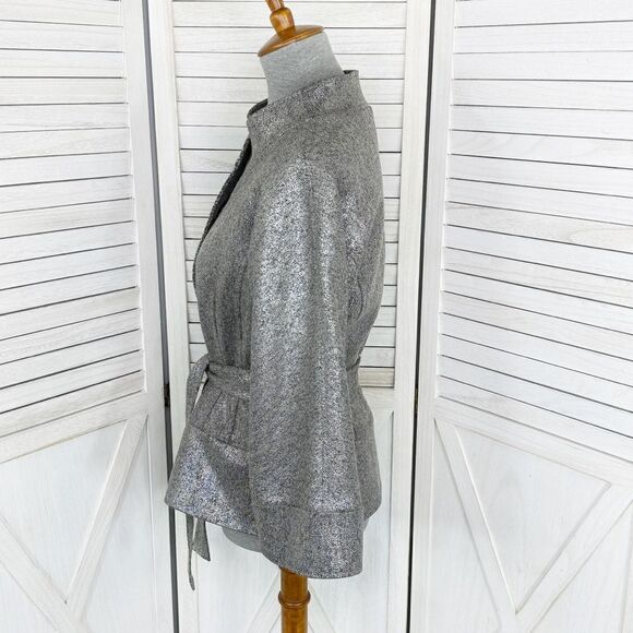 Jon by Teri Jon Open Mock Neck Metallic Belted Topper Jacket Silver Black Size 8 - Picture 2 of 16